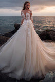 A Line Pink Long Sleeves Round Neck Tulle Wedding Dresses with Appliques, Wedding Gowns SJS15012