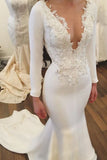 Satin Wedding Dresses Mermaid Scoop With Appliques And Beads Long Sleeves