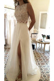New Arrival Scoop Wedding Dresses A Line With Slit Chiffon & Lace