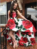 A Line Strapless High Low Red Rose Floral Satin Prom Dresses, Long Evening Dress SJS15556