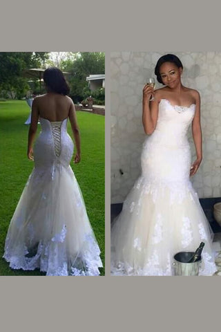 Wedding Dresses Sweetheart Tulle With Applique Mermaid Sweep Train Lace Up