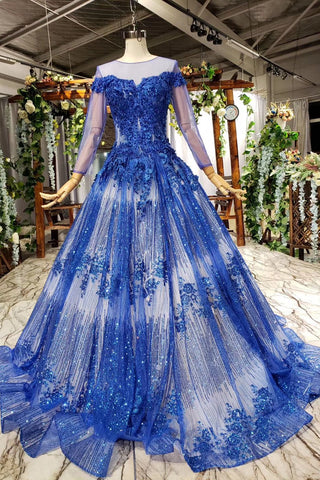 Sheer Scoop Neck Long Sleeve Ball Gown Prom Dresses With Beaded Applique