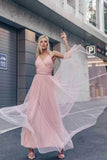 Simple A Line Pink V Neck Tulle Sleeveless Prom Dresses Long Bridesmaid Dresses SJS15383