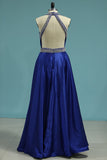 New Arrival High Neck Open Back A Line Satin With Beading Prom Dresses
