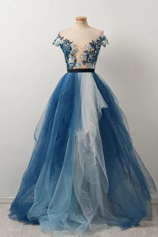 Blue Off the Shoulder Tulle V neck Cap Sleeve Beads Prom Dresses with Applique SJS15080