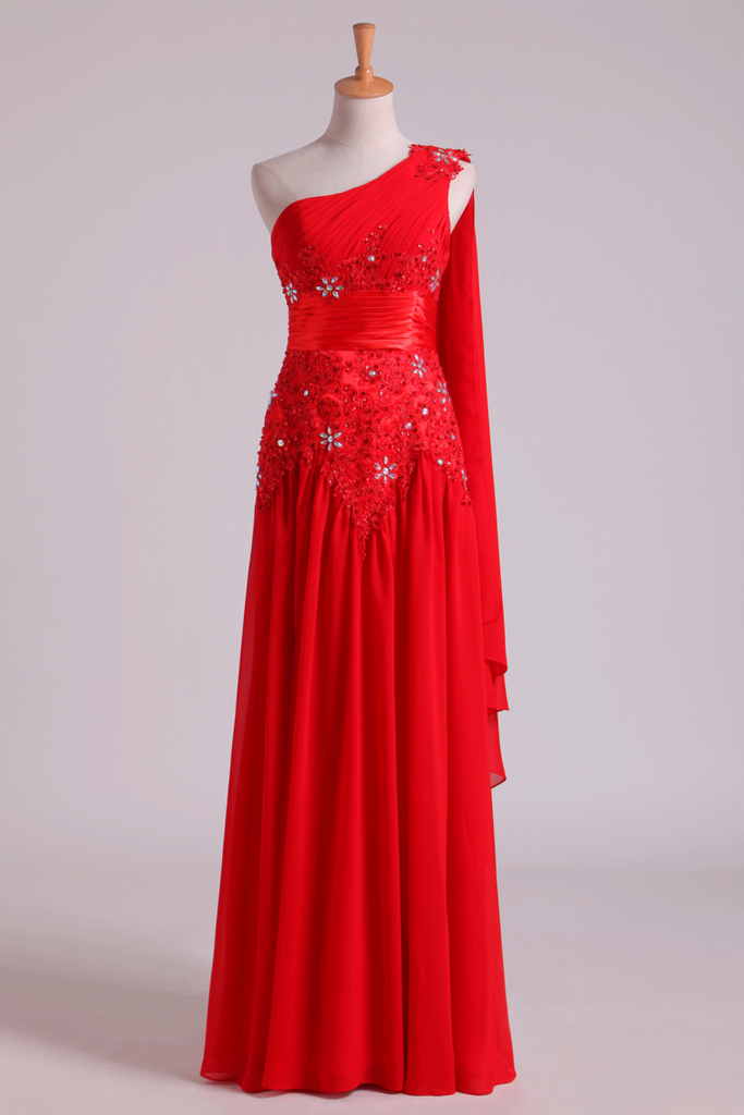 Red One Shoulder A Line Prom Dresses With Applique & Ruffles Floor Length