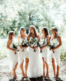 A Line Spaghetti Straps V Neck White Bridesmaid Dresses with Tea Length, Prom Dresses SJS15495