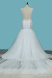 Mermaid Spaghetti Straps Tulle Wedding Dresses With Applique Cathedral Train