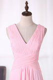 Chiffon Bridesmaid Dresses A Line V Neck Ruched Bodice Floor Length