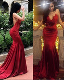 Chic Red Spaghetti Straps Mermaid V Neck Prom Dresses with Appliques, Formal Dresses SJS15571