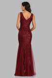 Sexy Burgundy Tulle V Neck Mermaid Sequin Prom Dresses, Evening Party Dresses SJS15332