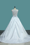 A Line Scoop Satin Wedding Dresses With Pocket Court Train