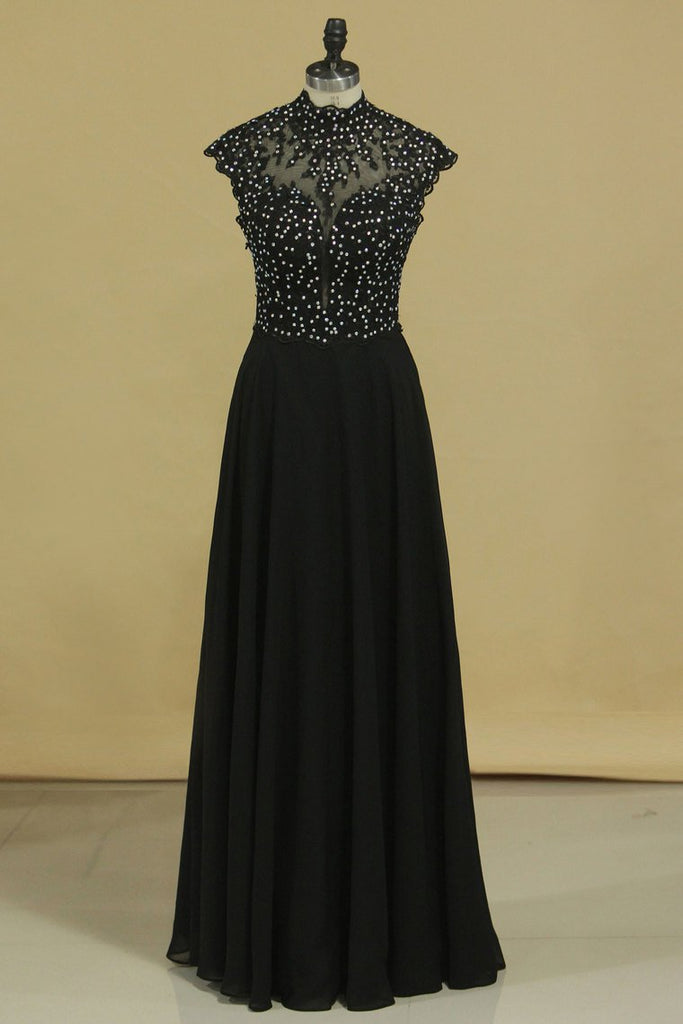 Black High Neck Prom Dresses A Line Chiffon With Applique And Beads