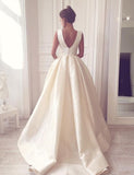 Simple A-Line V Neck Open Back Ivory Satin Wedding Dresses
