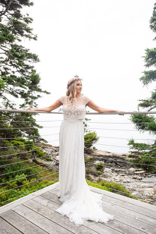 Princess Sleeveless Scoop Chiffon Beads Two Piece Wedding Dresses Open Back