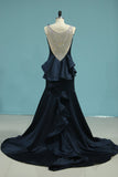 New Arrival Scoop Satin With Beading Prom Dresses Mermaid Court Train