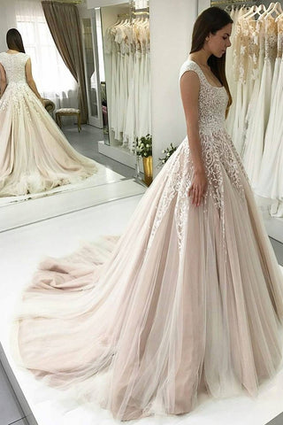 Square Neck Wedding Dress A Line Tulle With Appliques And Beads