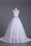 Strapless Tulle Wedding Dresses A-Line With Applique & Beads