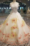 Luxury Floral Scoop Neck Tulle  Wedding Dresses Lace Up With Appliques And Beads