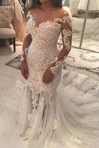 Long Sleeve Sparkly Mermaid V Neck Beads Wedding Dresses With Applique