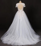 A-line Short Sleeves Beads V Neck Lace Applique Wedding Dresses, Bridal Dress SJS15051
