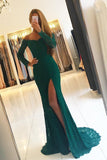 Off The Shoulder Mermaid Long Sleeves Prom Dresses Lace With Slit Sweep Train