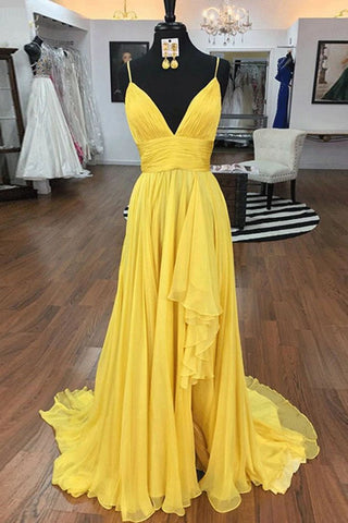 Simple Spaghetti Straps A Line Yellow Ruffles V Neck Prom Dresses, Evening Dresses SJS15400