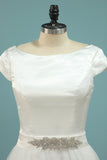 A Line Bateau Short Sleeves Satin & Tulle With Beads Wedding Dresses