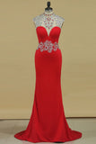 Spandex High Neck Sheath Prom Dresses With Beading Open Back