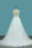 A Line Tulle V Neck With Beads And Ruffles Open Back Wedding Dresses