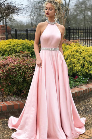 Elegant Charming Long Open Back Beading A-Line Pink Prom Dresses With Pockets