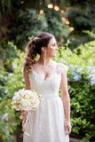 V Neck Wedding Dresses A Line Lace With Sash And Beads Sweep Train