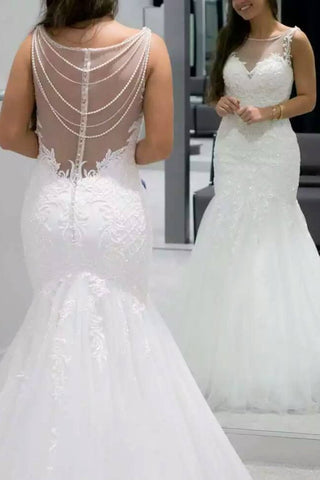 Scoop Mermaid Tulle Wedding Dresses With Applique And Beads