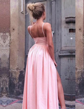 A Line Spaghetti Straps V Neck Prom Dresses With Pockets High Slit Satin Formal Dress