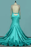 Sexy Mermaid Prom Dresses Scoop Long Sleeves Satin Open Back