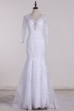V-Neck 3/4 Length Sleeve Wedding Dresses Mermaid Tulle With Beads And Applique Court Train