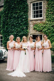 A Line Pink One Shoulder Chiffon Long Simple Bridesmaid Dresses, Wedding Party Dresses SJS15552