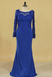 Long Sleeves Prom Dresses Bateau With Applique Sweep Train Open Back