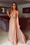 Flowy A Line Spaghetti Straps Champagne V Neck Prom Dresses with Sequins SJS15227