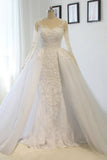 Scoop Long Sleeves Wedding Dresses Mermaid Tulle With Beading Court Train Detachable