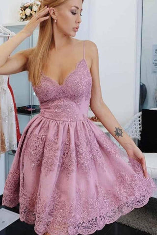 Spaghetti Strap Short A Line Homecoming Dresses With Lace Appliqes
