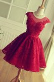 Red Lace Short Modest Appliques Sleeveless Open Back Pretty Homecoming Dresses