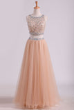 Two Pieces Bateau Beaded Bodice Prom Dress A Line Tulle Floor Length