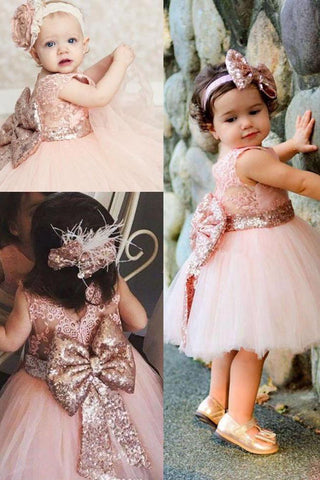 Cute Lace Pink V Back Flower Girl Dress with Bowknot, Round Neck Child Dresses SJS15574