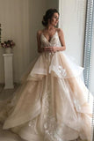 Spaghetti Straps V Neck Wedding Dresses with Layer, Sleeveless Wedding Gowns SJS15424
