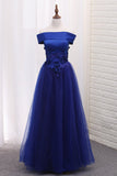 A Line Boat Neck Tulle Prom Dresses With Applique Floor Length