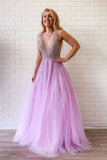 A Line Lilac Deep V Neck Beads Modest Tulle Prom Dresses, Long Formal Dresses SJS15490