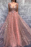 Gold Star Printed Lace Prom Dresses V Neck Long Princess Ball Gown Evening Dress