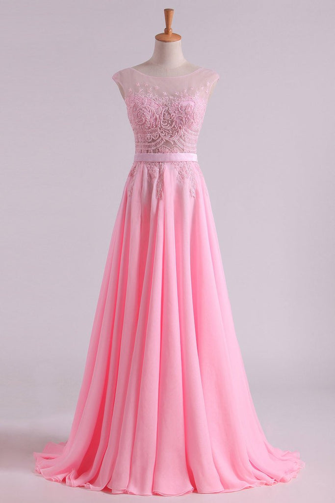 Sexy Prom/Wedding Dresses With High Slit A-Line Scoop Chiffon With Embroidery & Beading