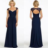 Sexy A-Line Sweetheart Cap Sleeve Lace Open Back Navy Blue Long Bridesmaid Dresses JS80
